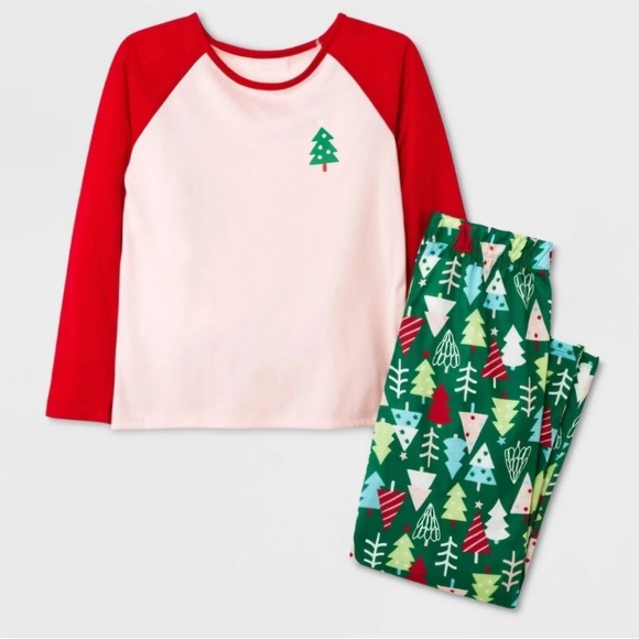 Cat & Jack Girls Holiday 2-Piece Pajamas, Size 14, Christmas Trees, Pink, Green - Picture 1 of 8